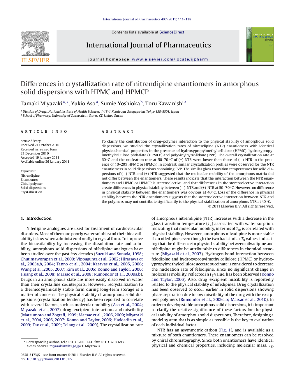 Differences in crystallization rate of nitrendipine enantiomers in amorphous solid dispersions with HPMC and HPMCP