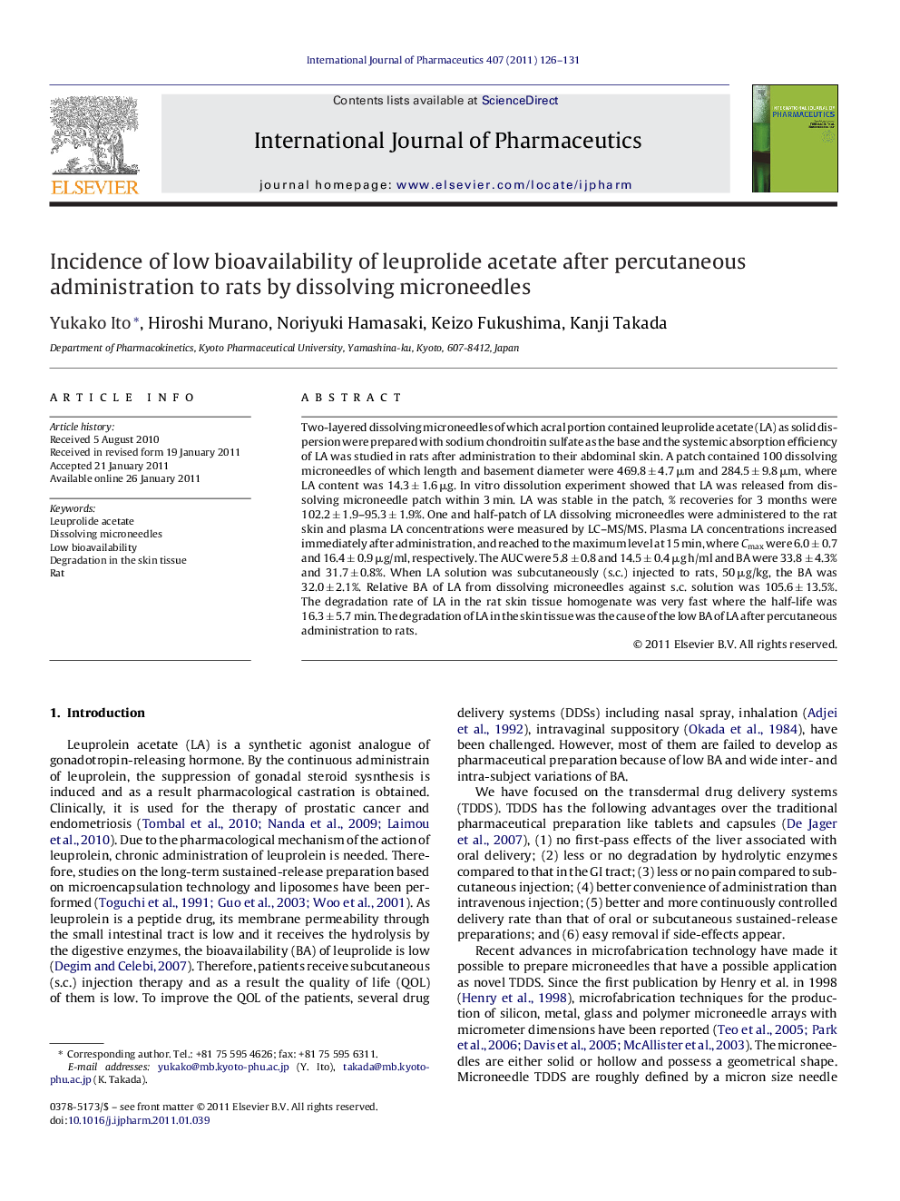 Incidence of low bioavailability of leuprolide acetate after percutaneous administration to rats by dissolving microneedles