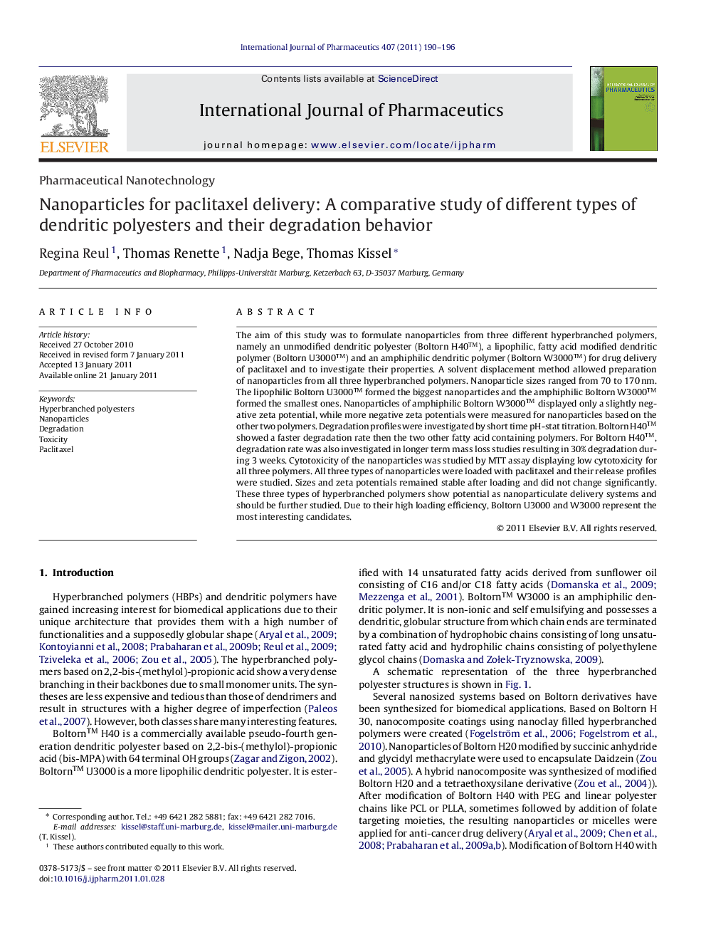 Nanoparticles for paclitaxel delivery: A comparative study of different types of dendritic polyesters and their degradation behavior