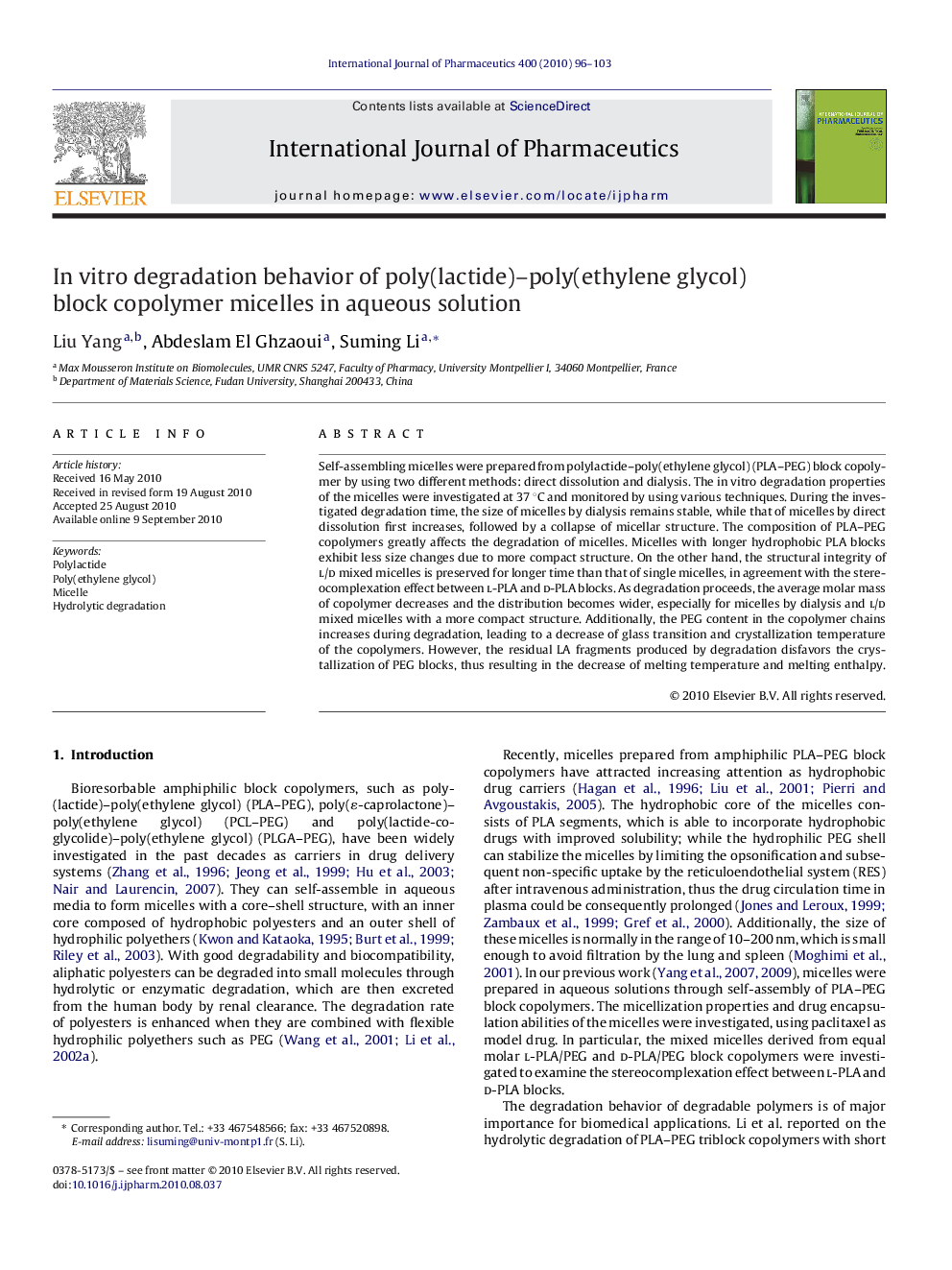 In vitro degradation behavior of poly(lactide)–poly(ethylene glycol) block copolymer micelles in aqueous solution