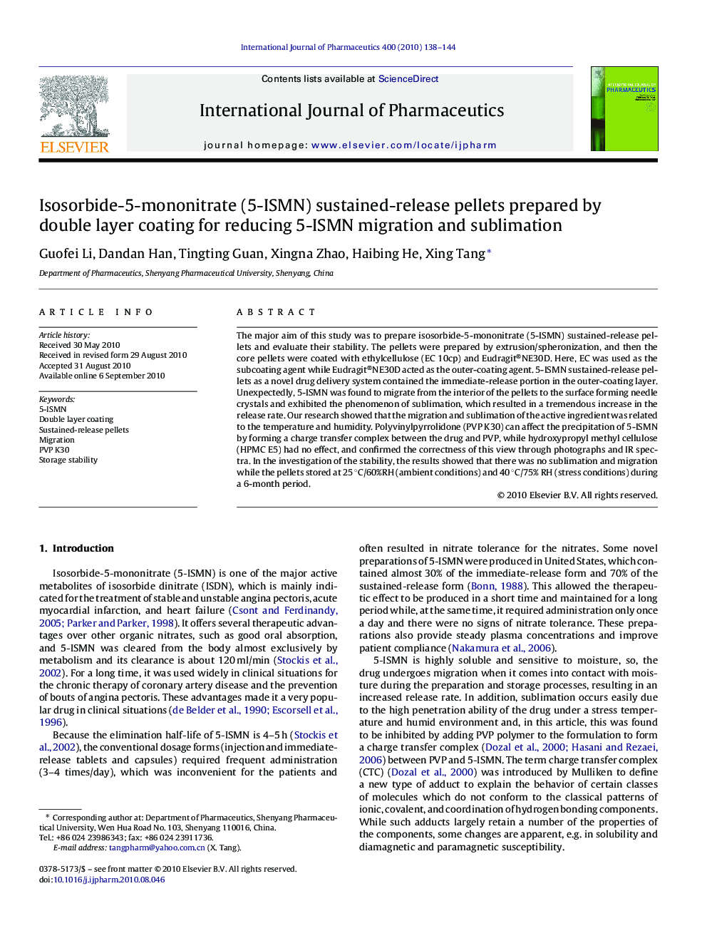 Isosorbide-5-mononitrate (5-ISMN) sustained-release pellets prepared by double layer coating for reducing 5-ISMN migration and sublimation