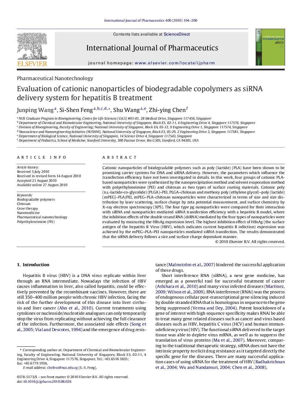 Evaluation of cationic nanoparticles of biodegradable copolymers as siRNA delivery system for hepatitis B treatment