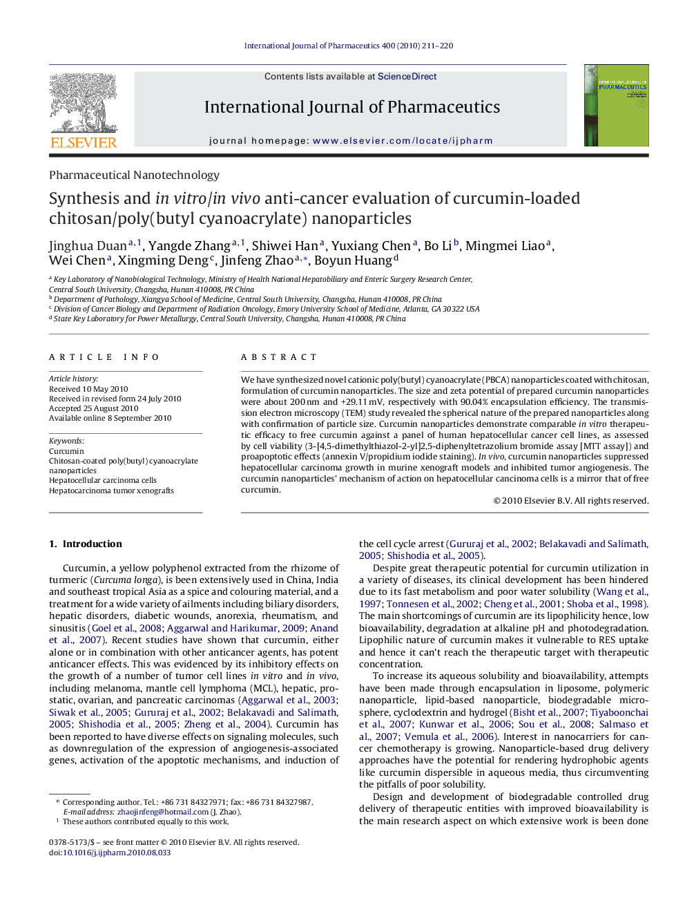 Synthesis and in vitro/in vivo anti-cancer evaluation of curcumin-loaded chitosan/poly(butyl cyanoacrylate) nanoparticles