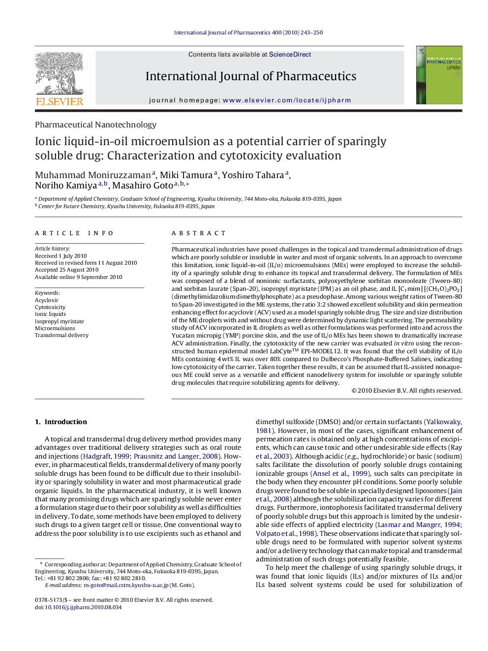 Ionic liquid-in-oil microemulsion as a potential carrier of sparingly soluble drug: Characterization and cytotoxicity evaluation