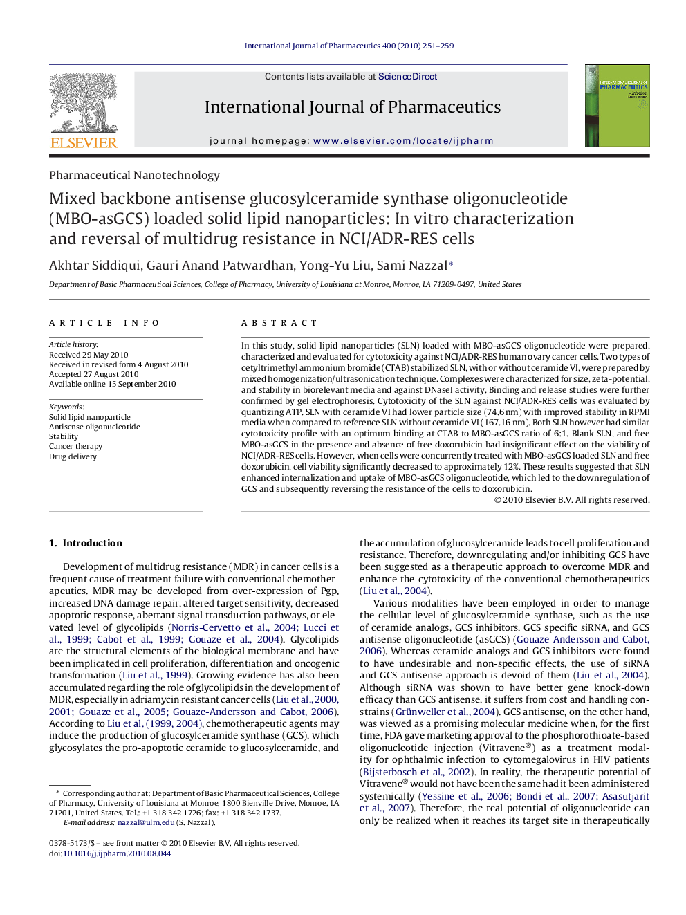 Mixed backbone antisense glucosylceramide synthase oligonucleotide (MBO-asGCS) loaded solid lipid nanoparticles: In vitro characterization and reversal of multidrug resistance in NCI/ADR-RES cells