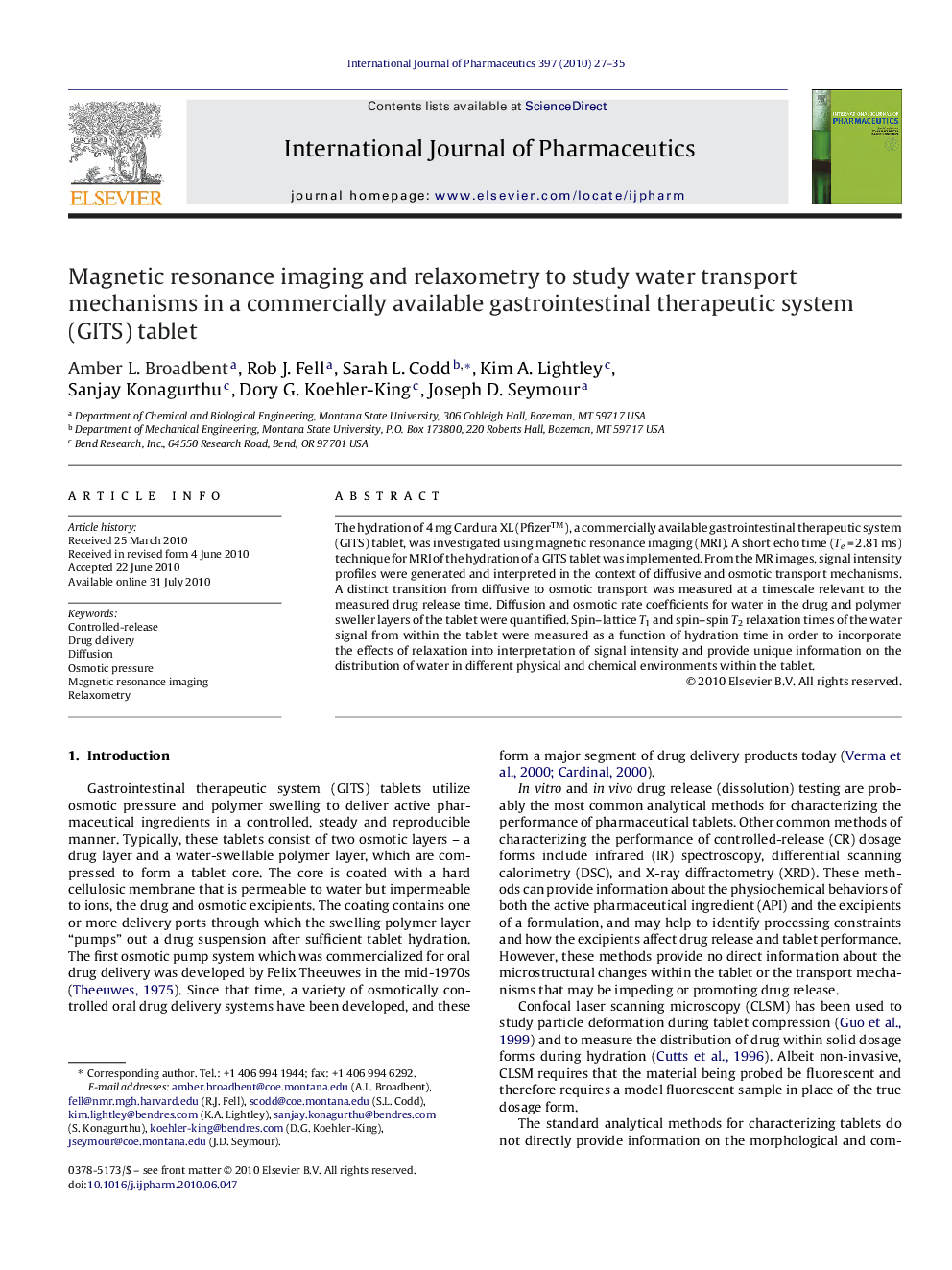 Magnetic resonance imaging and relaxometry to study water transport mechanisms in a commercially available gastrointestinal therapeutic system (GITS) tablet