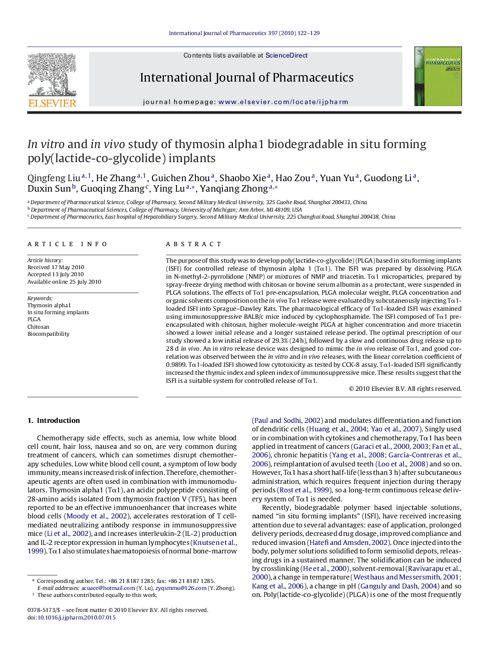 In vitro and in vivo study of thymosin alpha1 biodegradable in situ forming poly(lactide-co-glycolide) implants