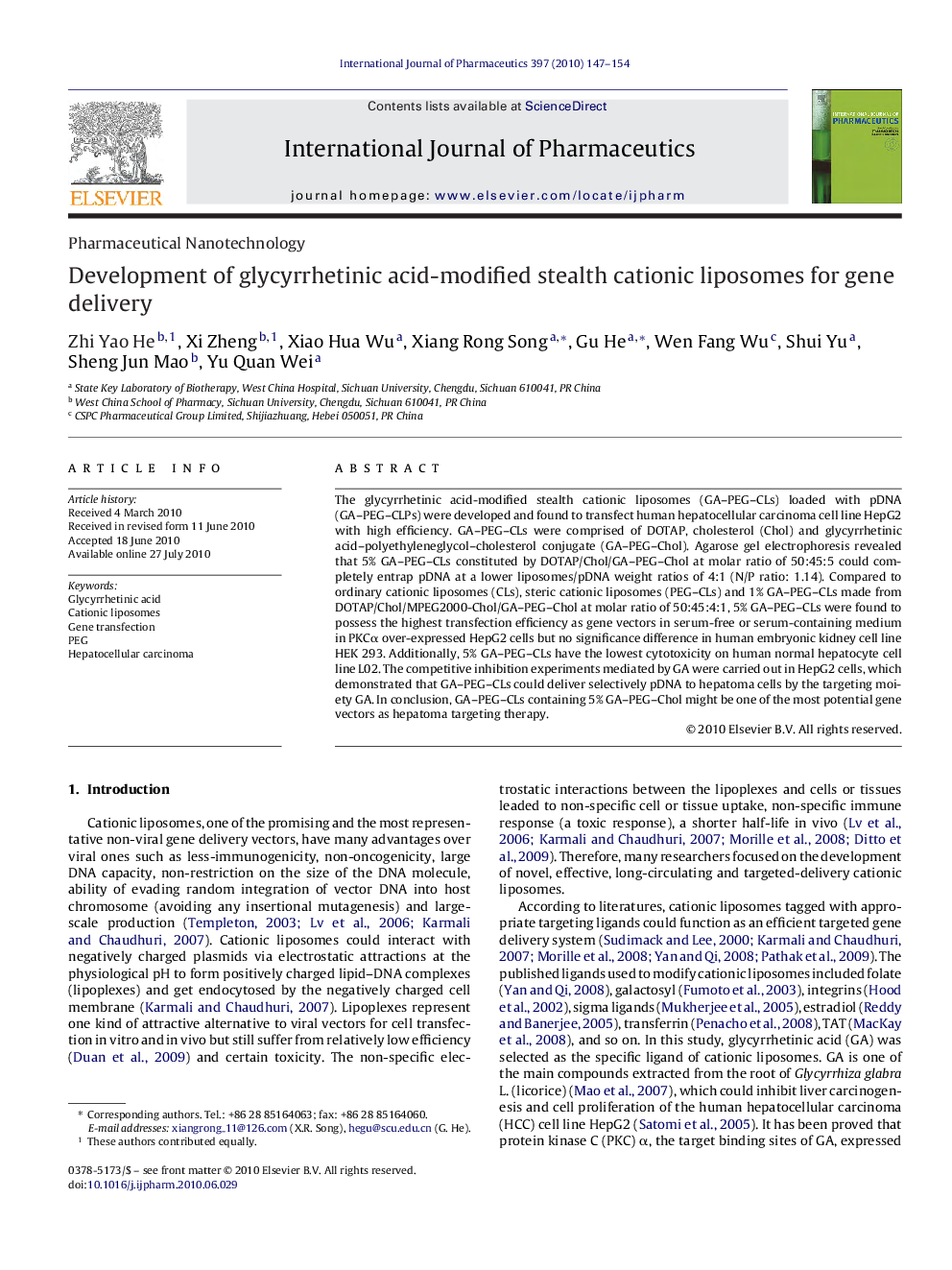 Development of glycyrrhetinic acid-modified stealth cationic liposomes for gene delivery