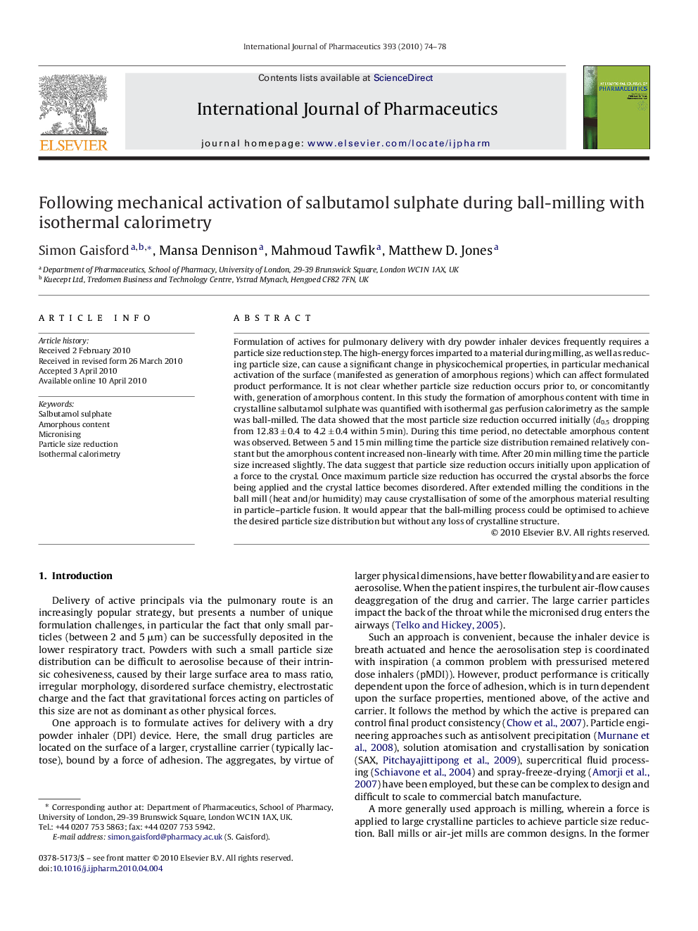 Following mechanical activation of salbutamol sulphate during ball-milling with isothermal calorimetry