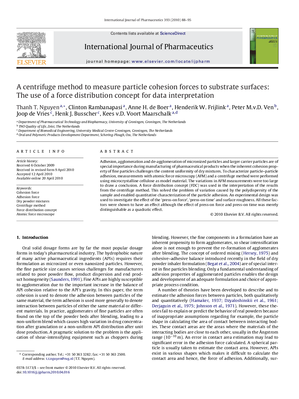 A centrifuge method to measure particle cohesion forces to substrate surfaces: The use of a force distribution concept for data interpretation