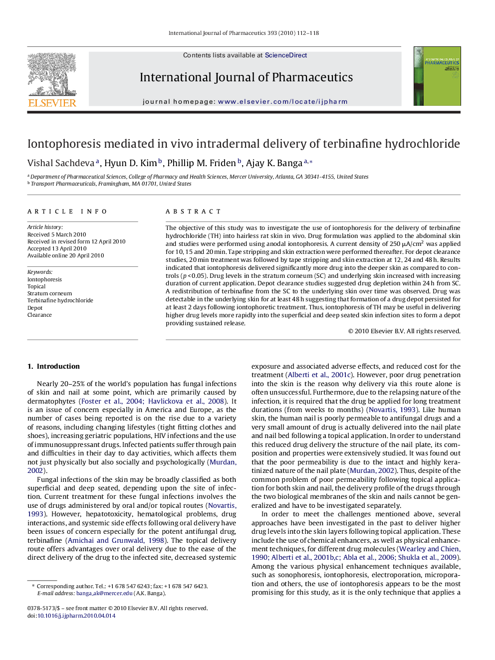 Iontophoresis mediated in vivo intradermal delivery of terbinafine hydrochloride