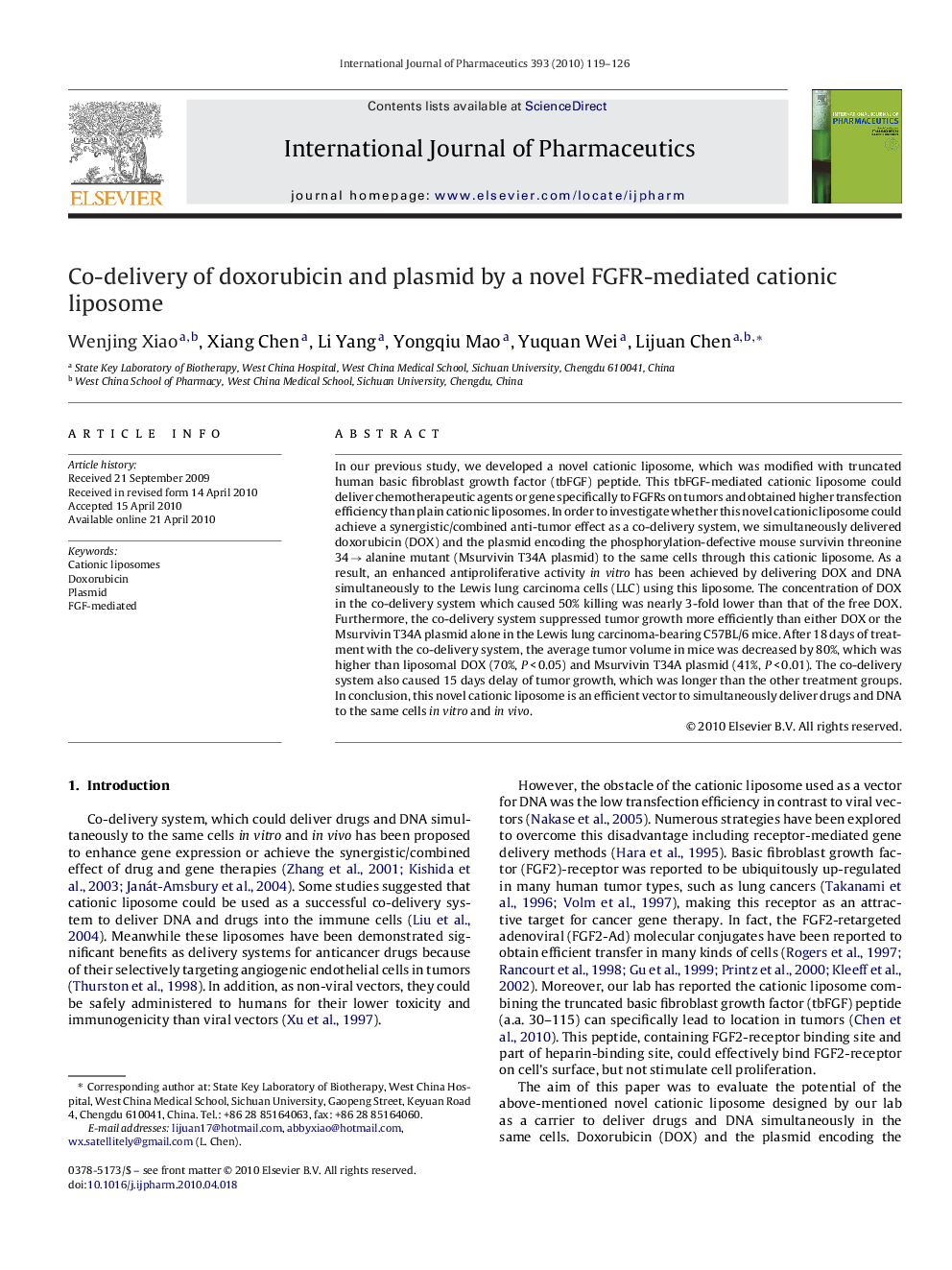 Co-delivery of doxorubicin and plasmid by a novel FGFR-mediated cationic liposome