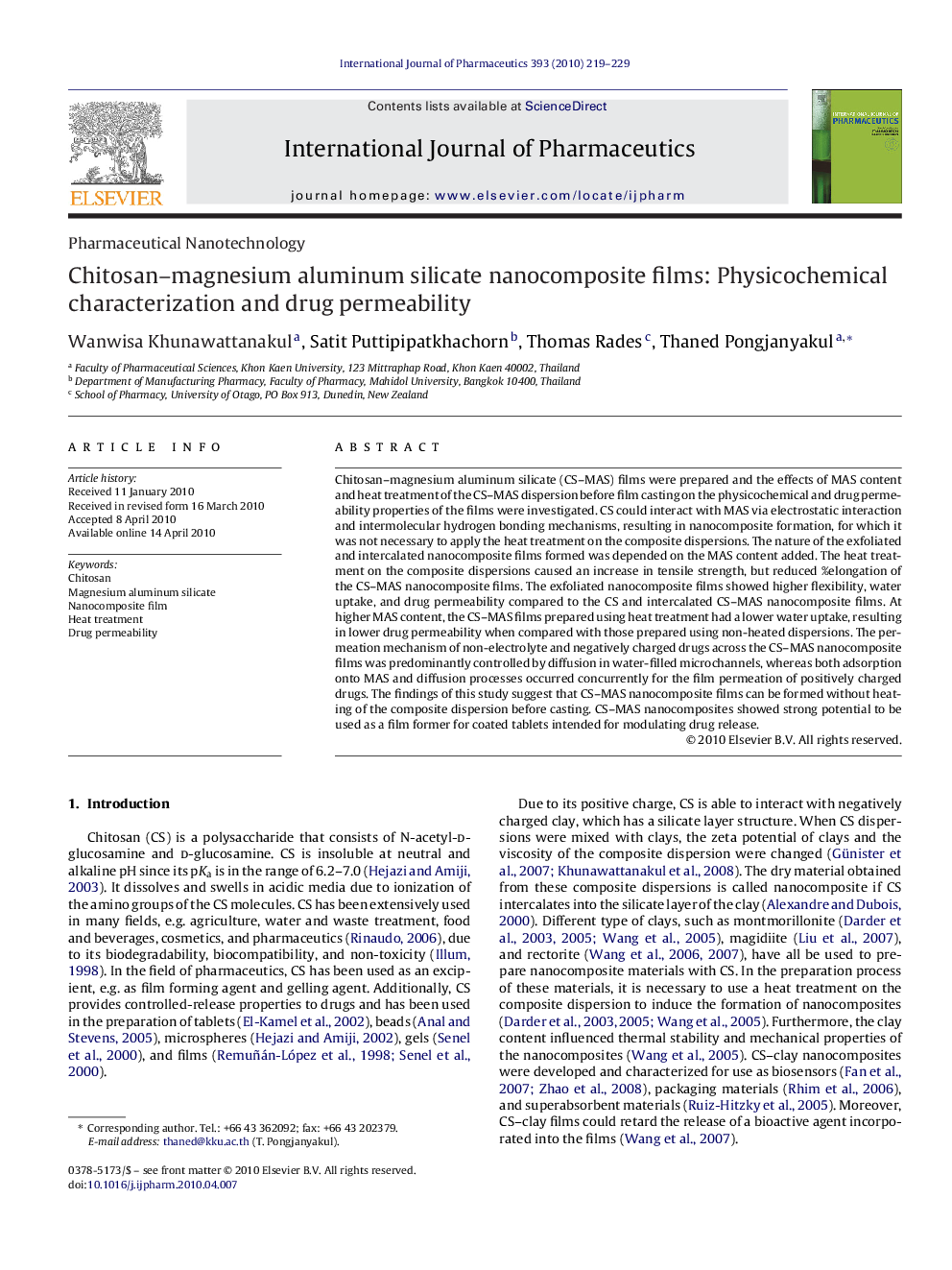 Chitosan–magnesium aluminum silicate nanocomposite films: Physicochemical characterization and drug permeability