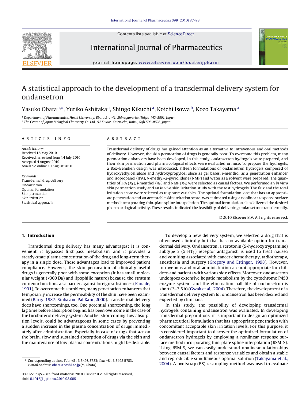 A statistical approach to the development of a transdermal delivery system for ondansetron