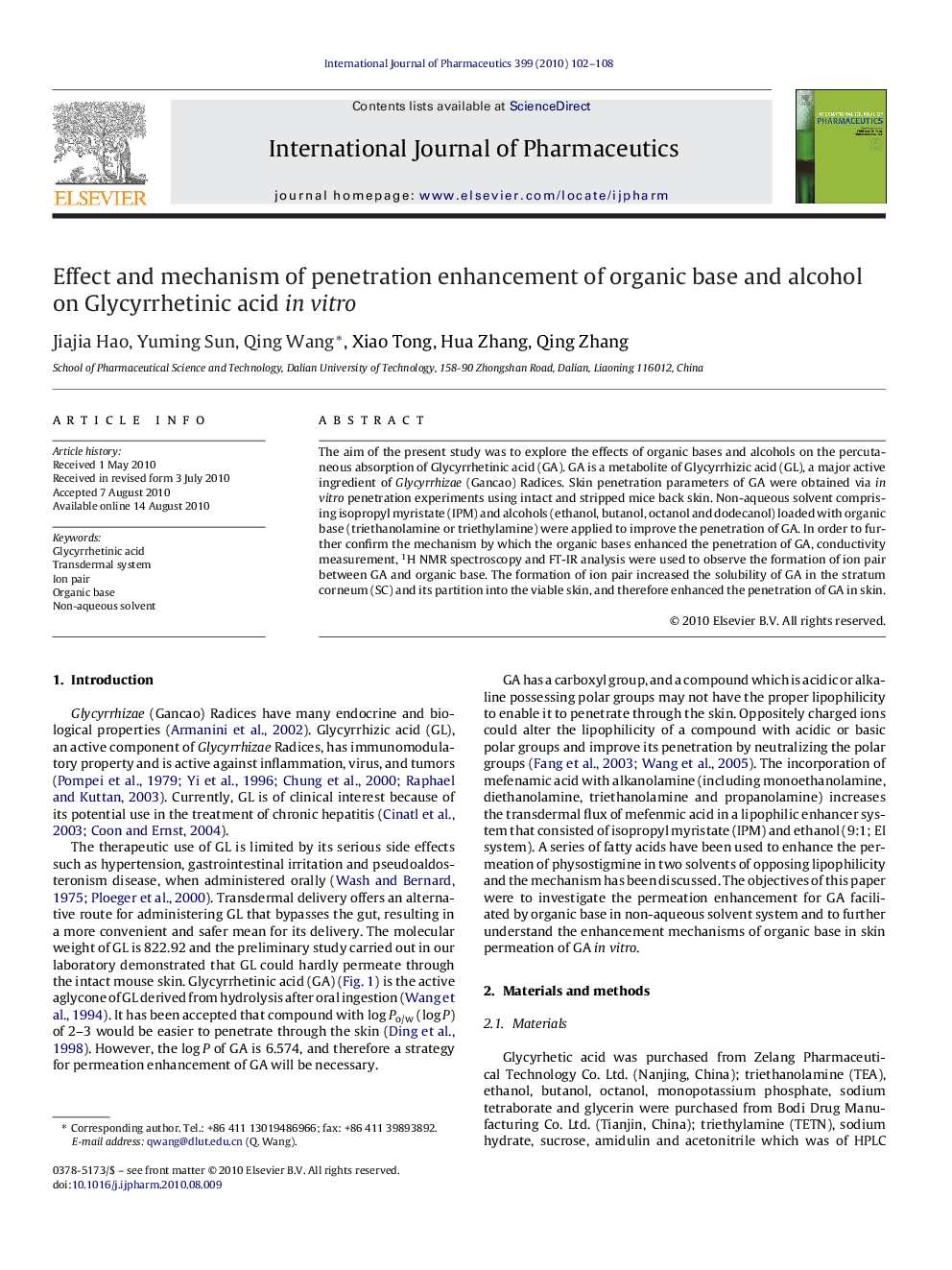 Effect and mechanism of penetration enhancement of organic base and alcohol on Glycyrrhetinic acid in vitro