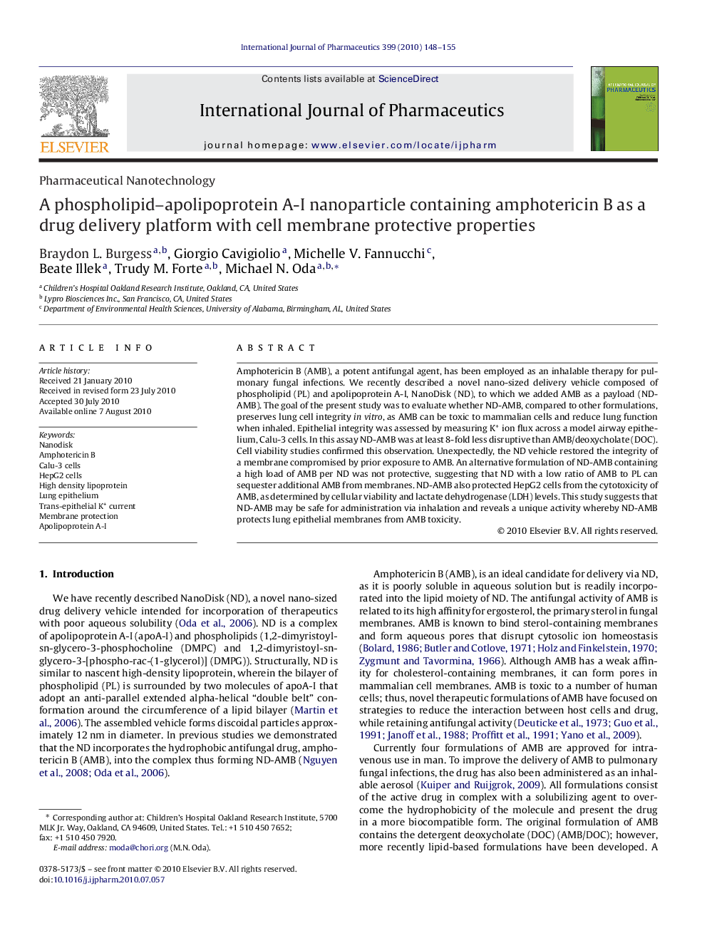 A phospholipid–apolipoprotein A-I nanoparticle containing amphotericin B as a drug delivery platform with cell membrane protective properties