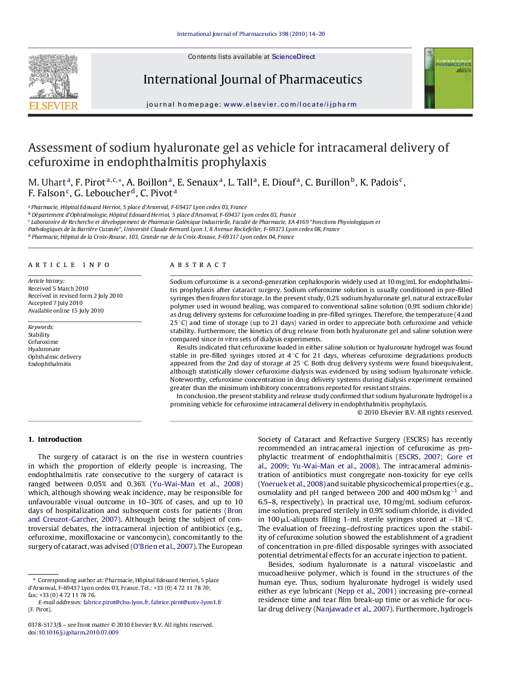 Assessment of sodium hyaluronate gel as vehicle for intracameral delivery of cefuroxime in endophthalmitis prophylaxis