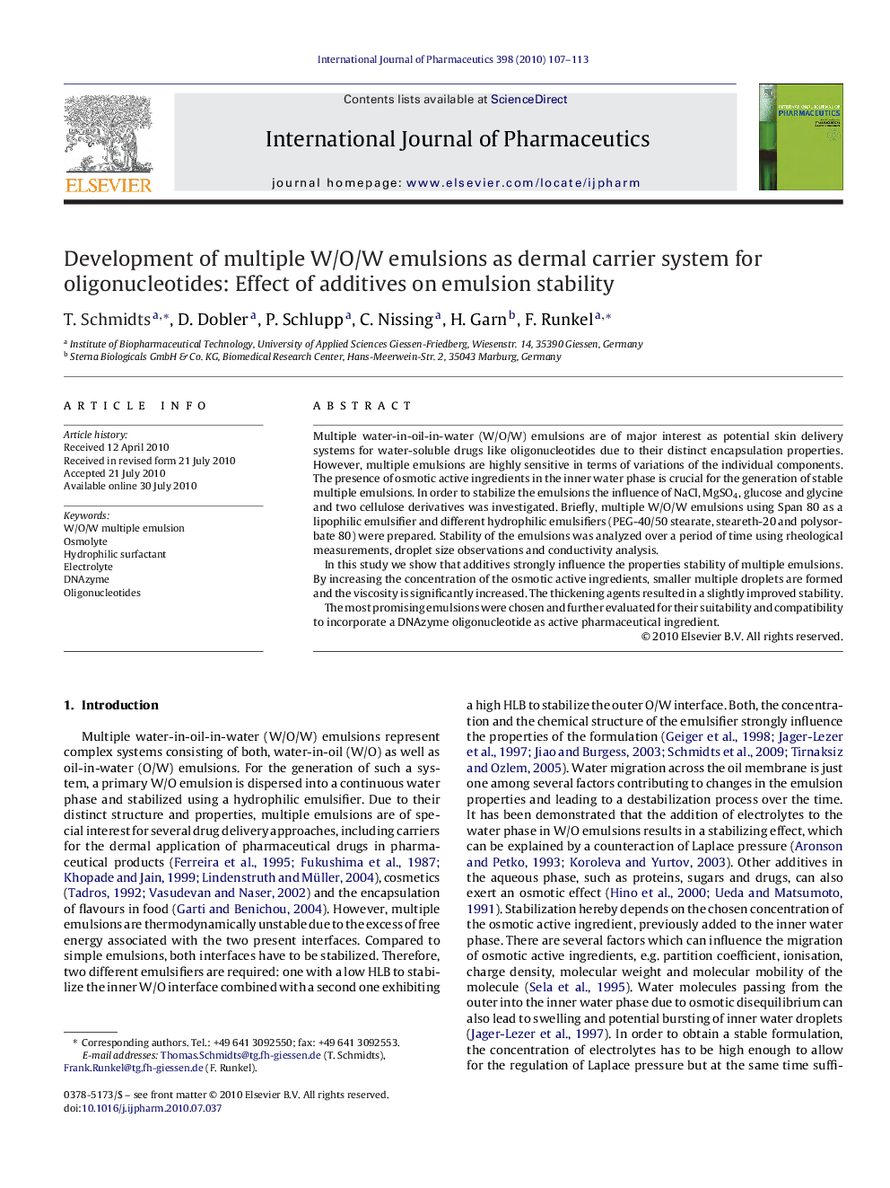 Development of multiple W/O/W emulsions as dermal carrier system for oligonucleotides: Effect of additives on emulsion stability