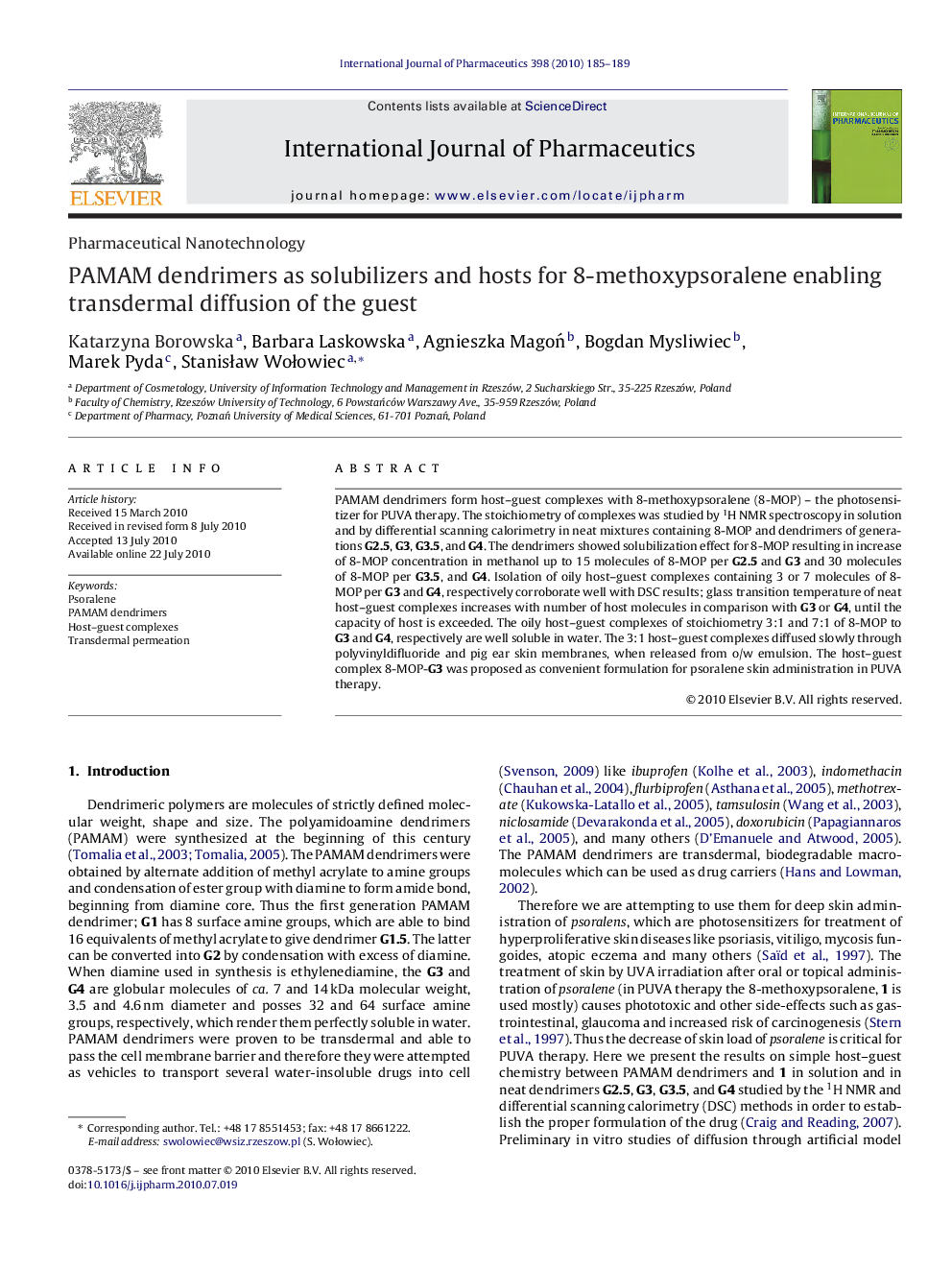 PAMAM dendrimers as solubilizers and hosts for 8-methoxypsoralene enabling transdermal diffusion of the guest