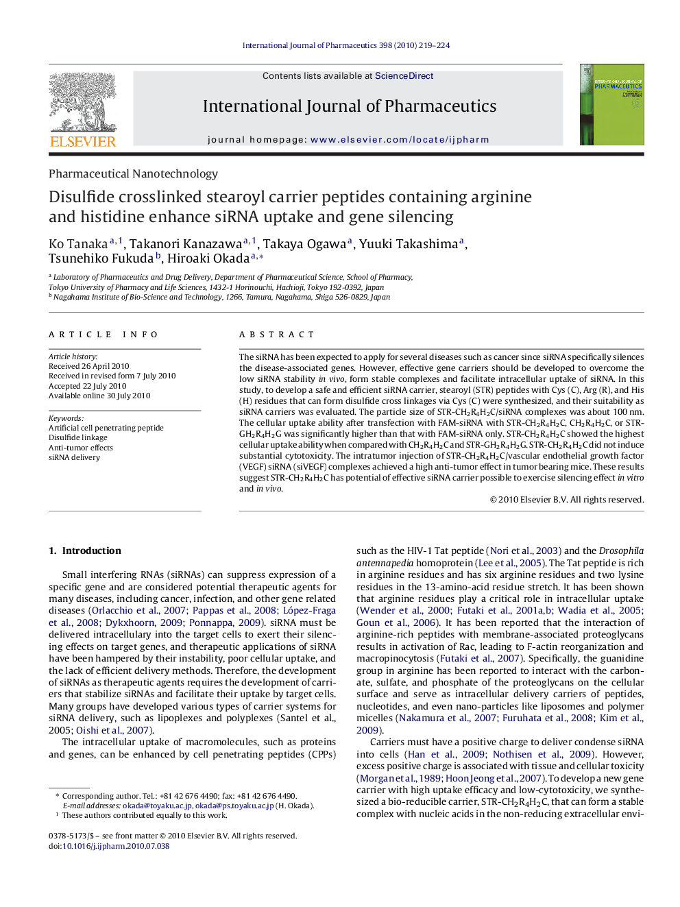 Disulfide crosslinked stearoyl carrier peptides containing arginine and histidine enhance siRNA uptake and gene silencing