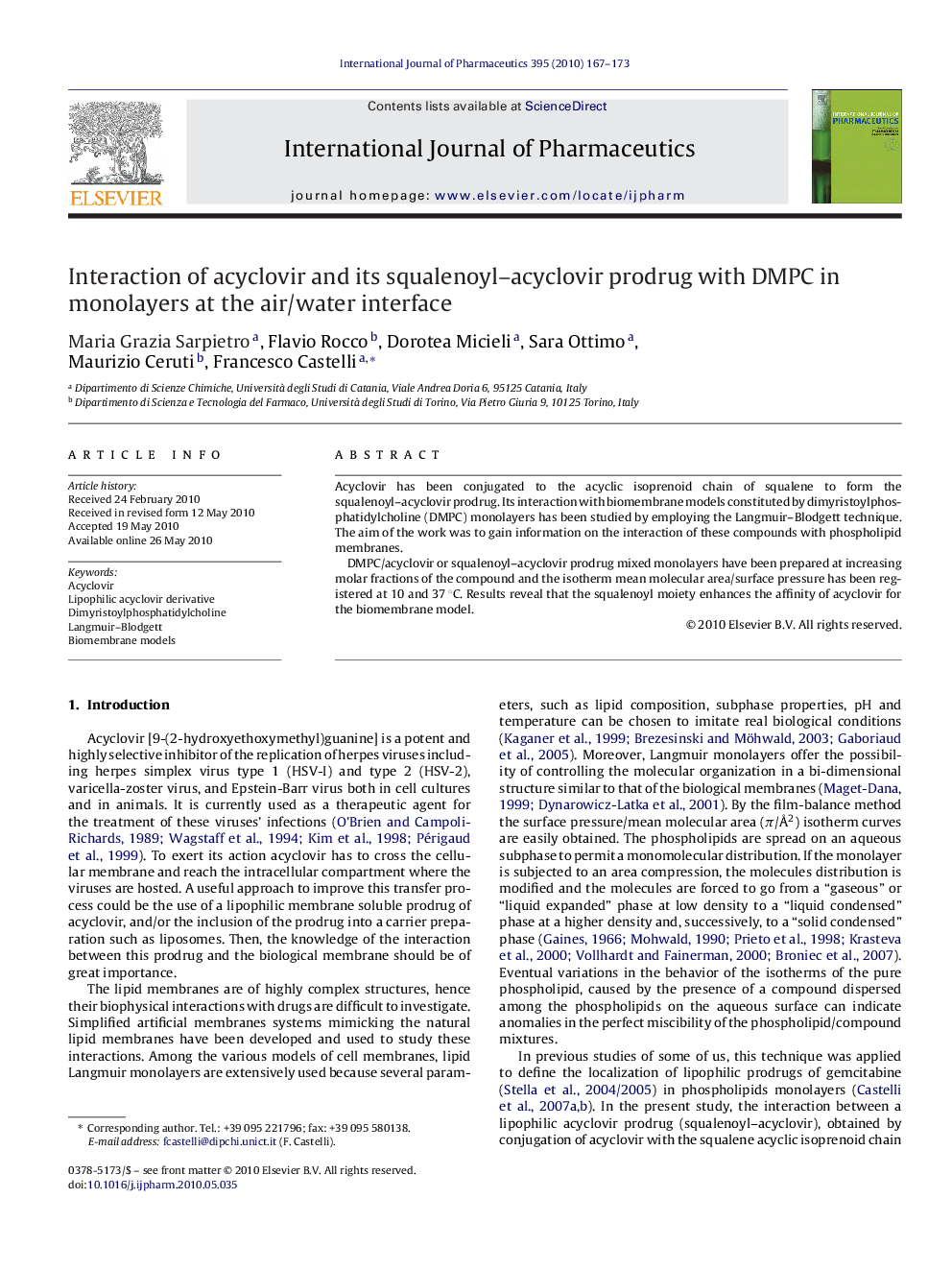 Interaction of acyclovir and its squalenoyl–acyclovir prodrug with DMPC in monolayers at the air/water interface