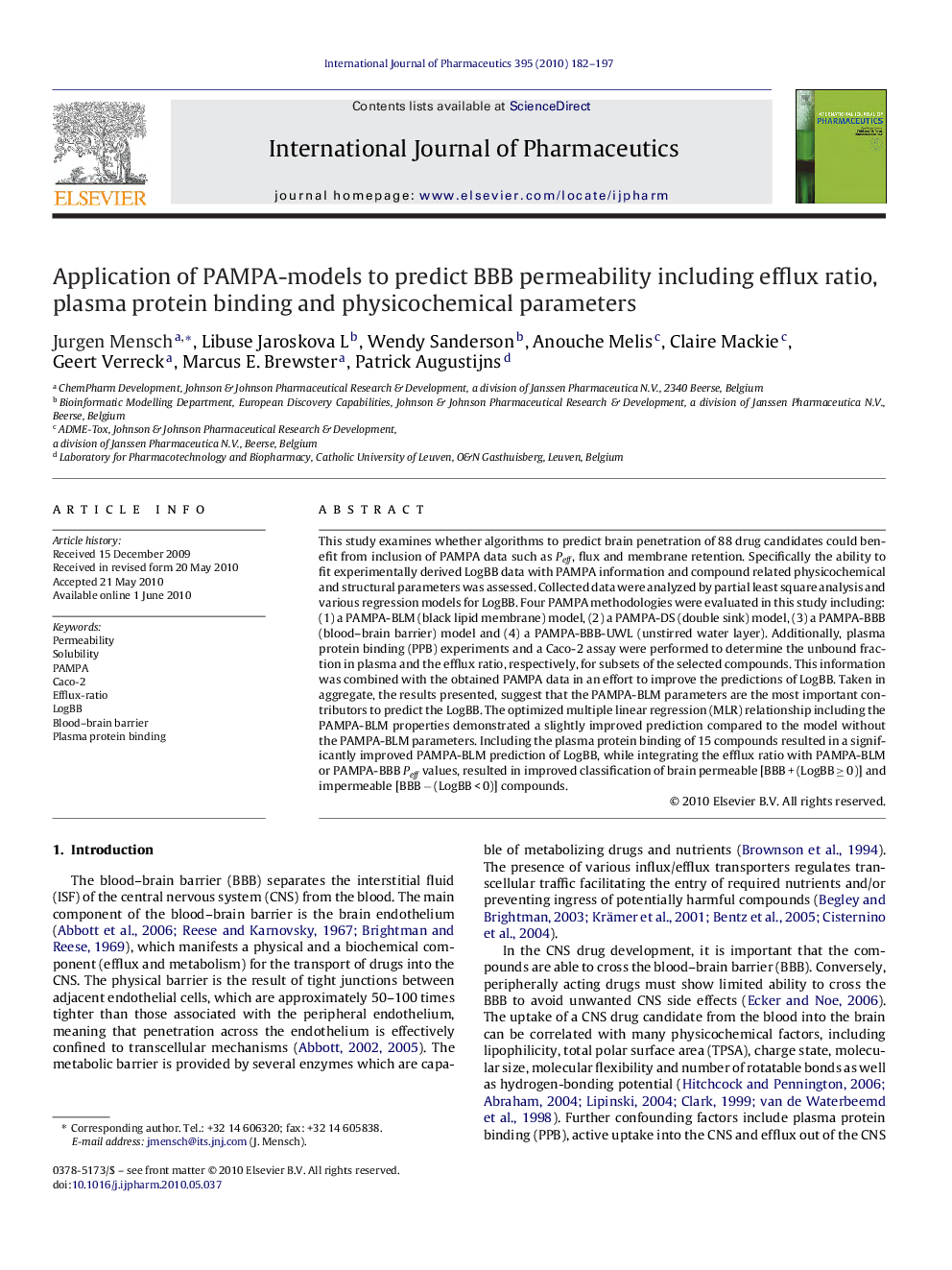 Application of PAMPA-models to predict BBB permeability including efflux ratio, plasma protein binding and physicochemical parameters