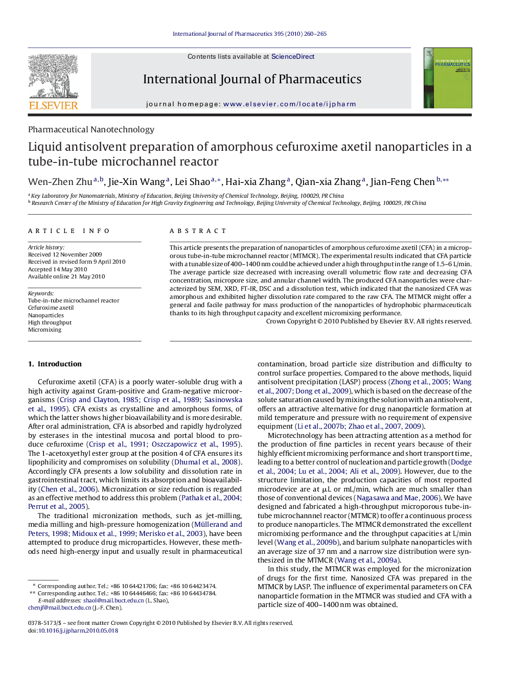 Liquid antisolvent preparation of amorphous cefuroxime axetil nanoparticles in a tube-in-tube microchannel reactor