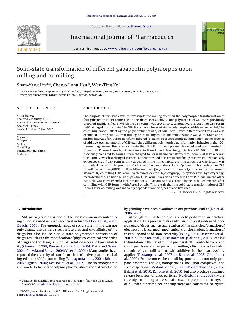 Solid-state transformation of different gabapentin polymorphs upon milling and co-milling