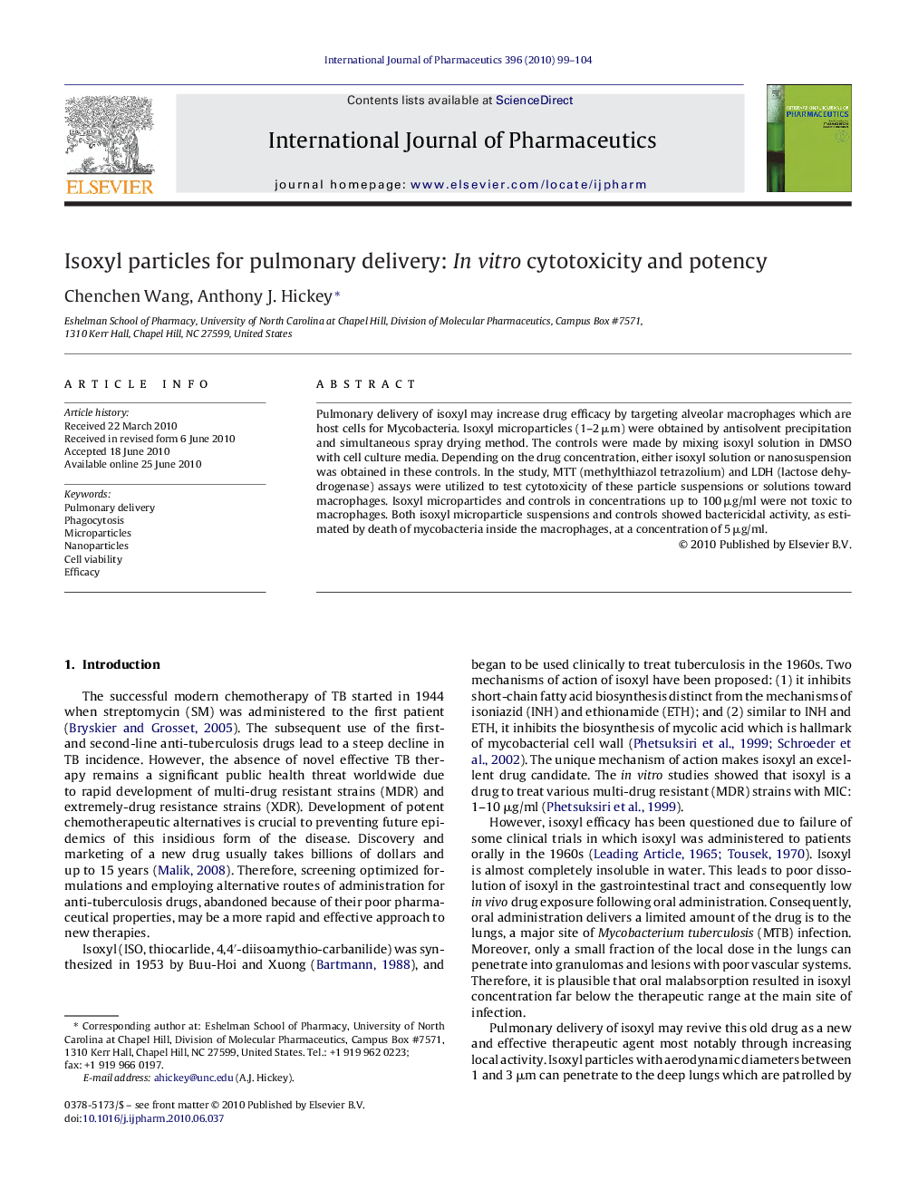 Isoxyl particles for pulmonary delivery: In vitro cytotoxicity and potency