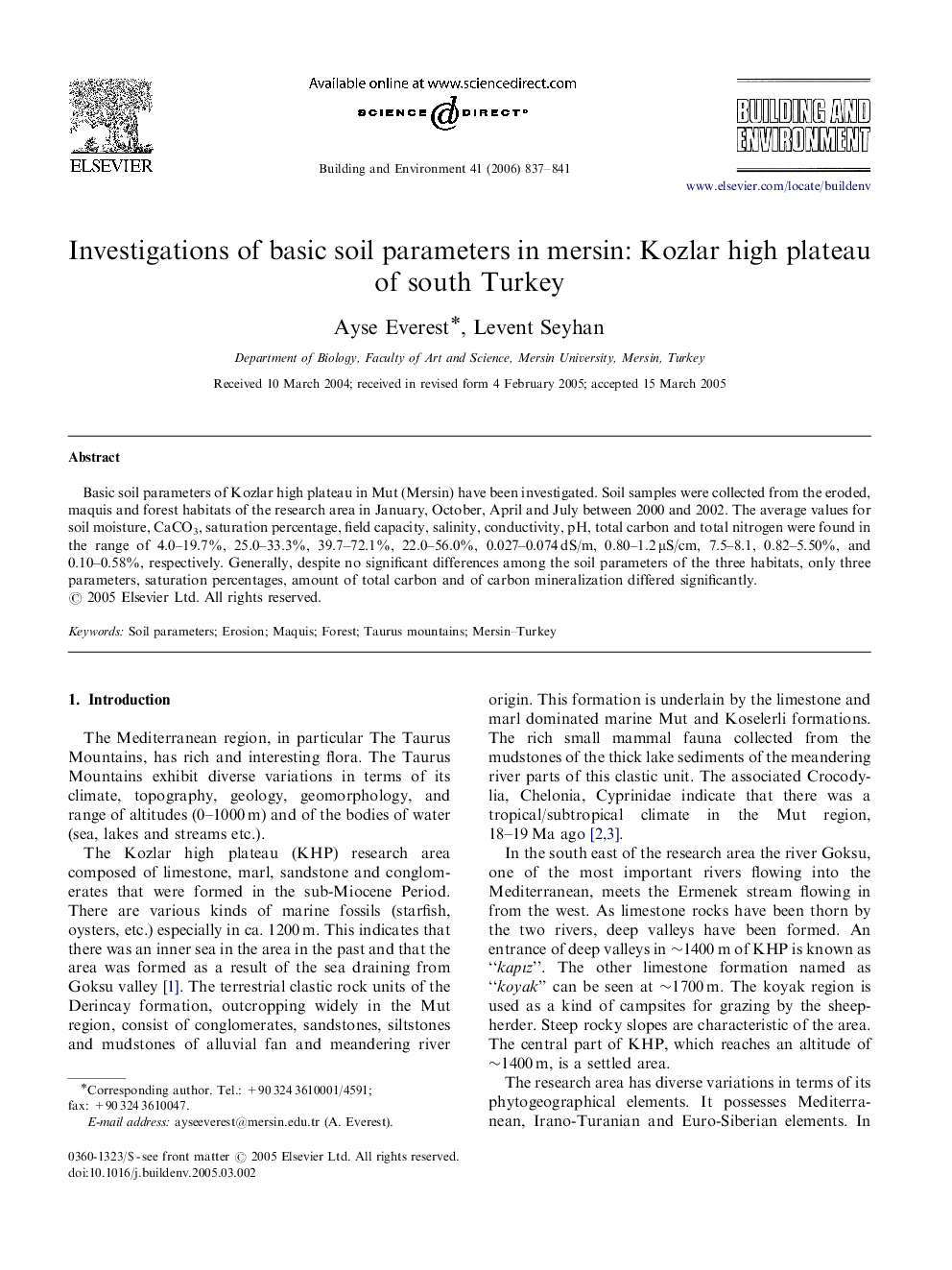 Investigations of basic soil parameters in mersin: Kozlar high plateau of south Turkey