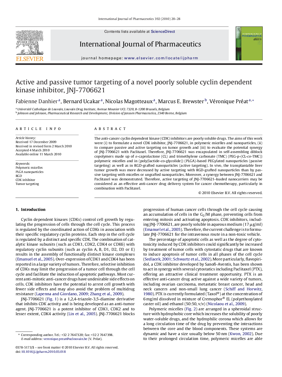 Active and passive tumor targeting of a novel poorly soluble cyclin dependent kinase inhibitor, JNJ-7706621