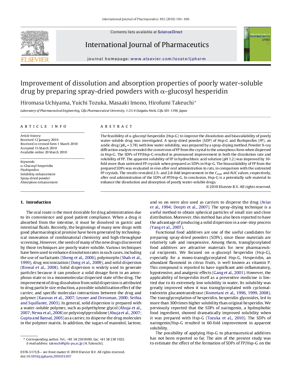 Improvement of dissolution and absorption properties of poorly water-soluble drug by preparing spray-dried powders with α-glucosyl hesperidin