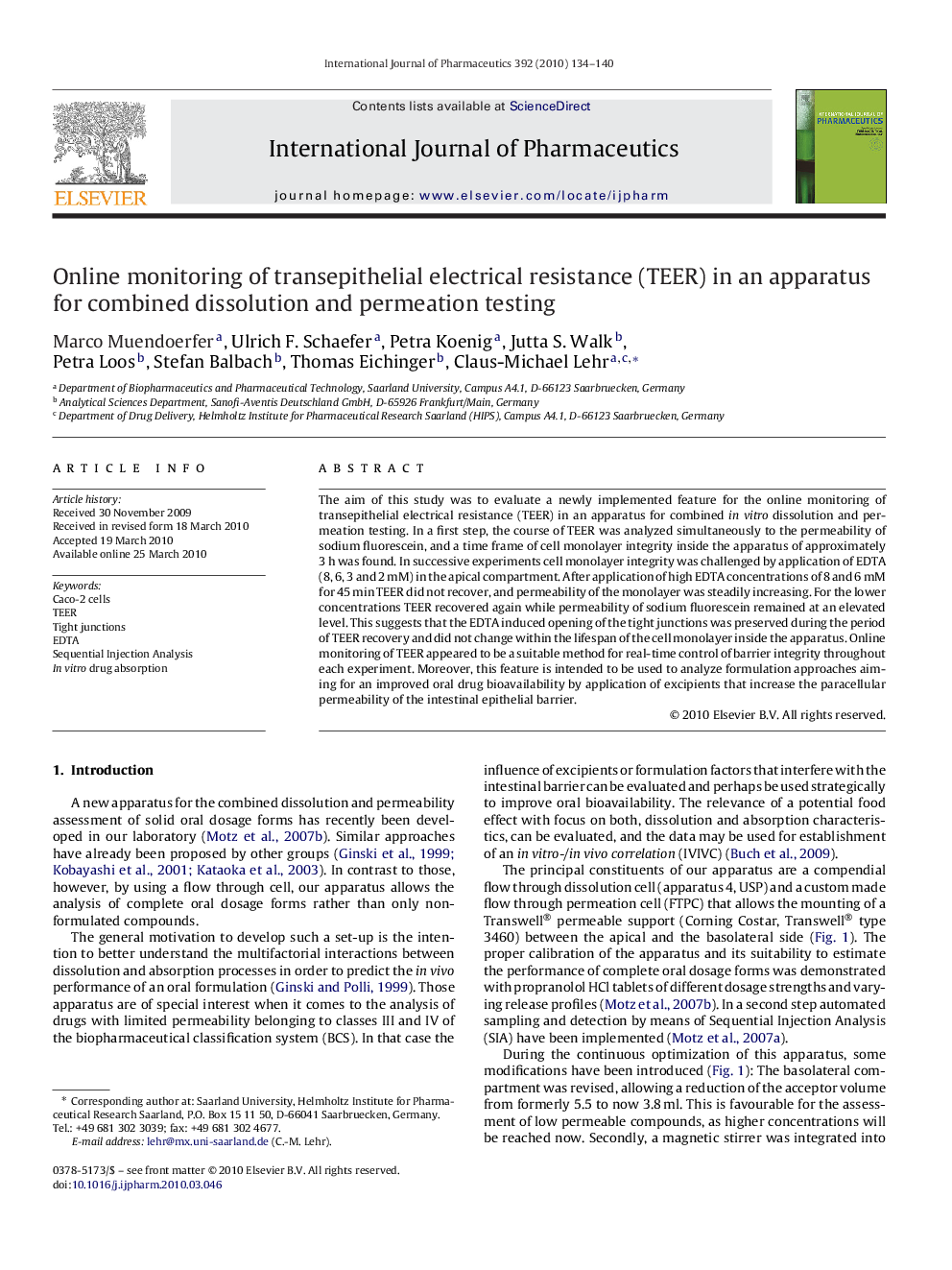 عکس صفحه اول مقاله: Online monitoring of transepithelial electrical resistance (TEER) in an apparatus for combined dissolution and permeation testing Online monitoring of transepithelial electrical resistance (TEER) in an apparatus for combined dissolution and permeation testing