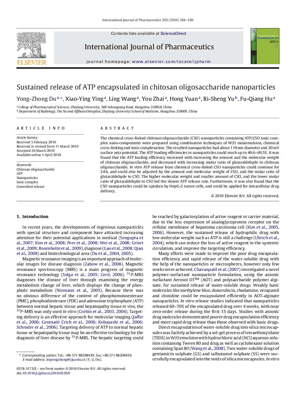 Sustained release of ATP encapsulated in chitosan oligosaccharide nanoparticles