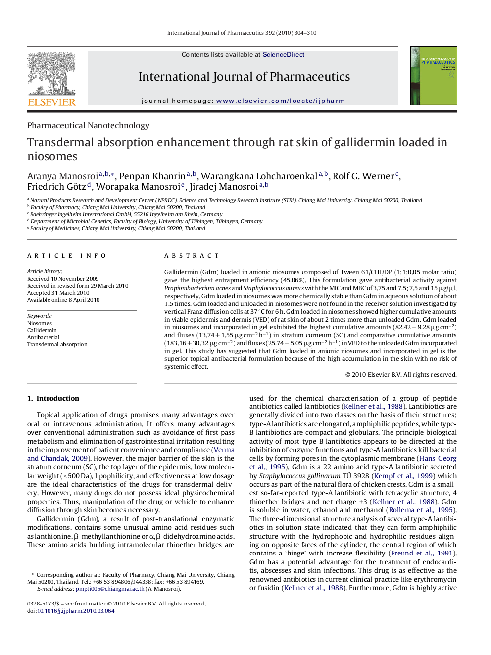 Transdermal absorption enhancement through rat skin of gallidermin loaded in niosomes