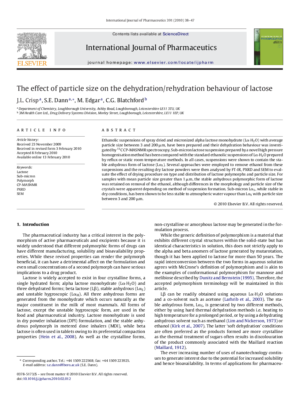 The effect of particle size on the dehydration/rehydration behaviour of lactose