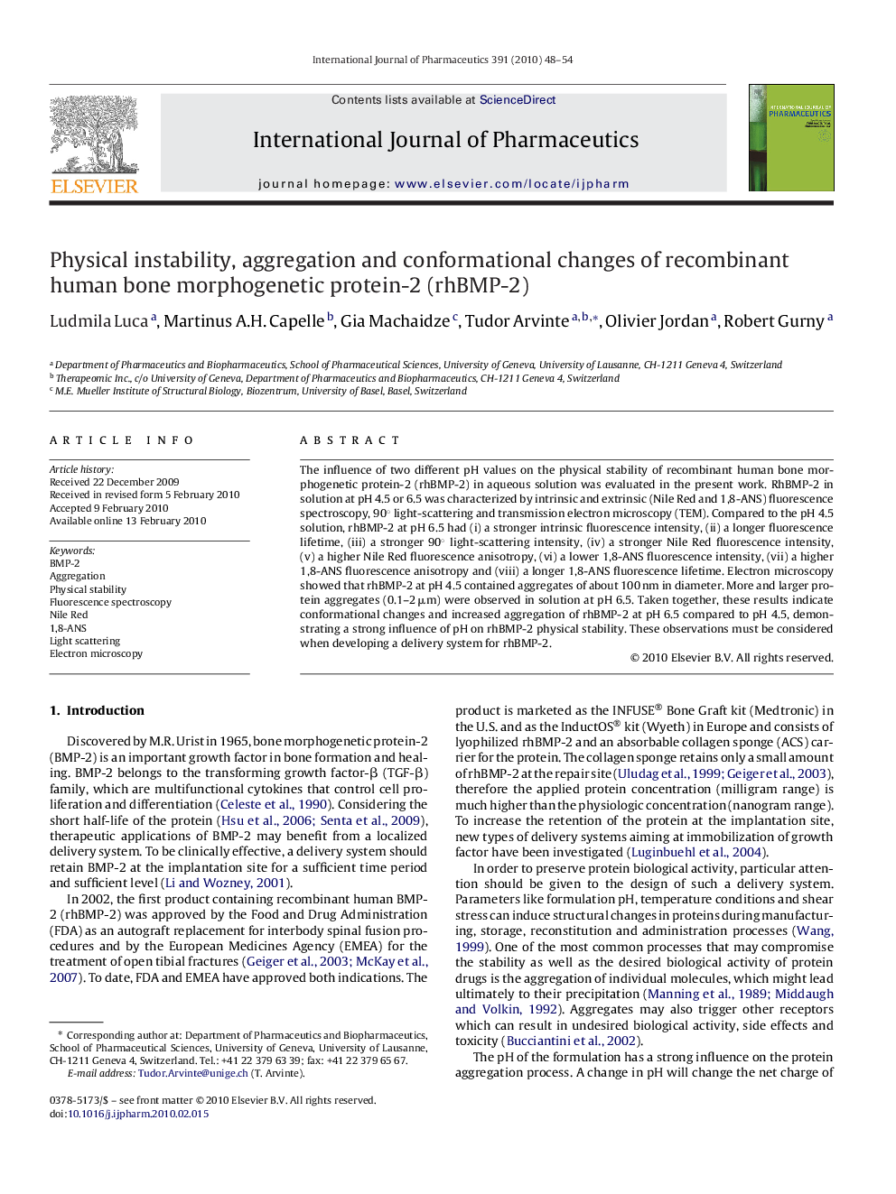 Physical instability, aggregation and conformational changes of recombinant human bone morphogenetic protein-2 (rhBMP-2)