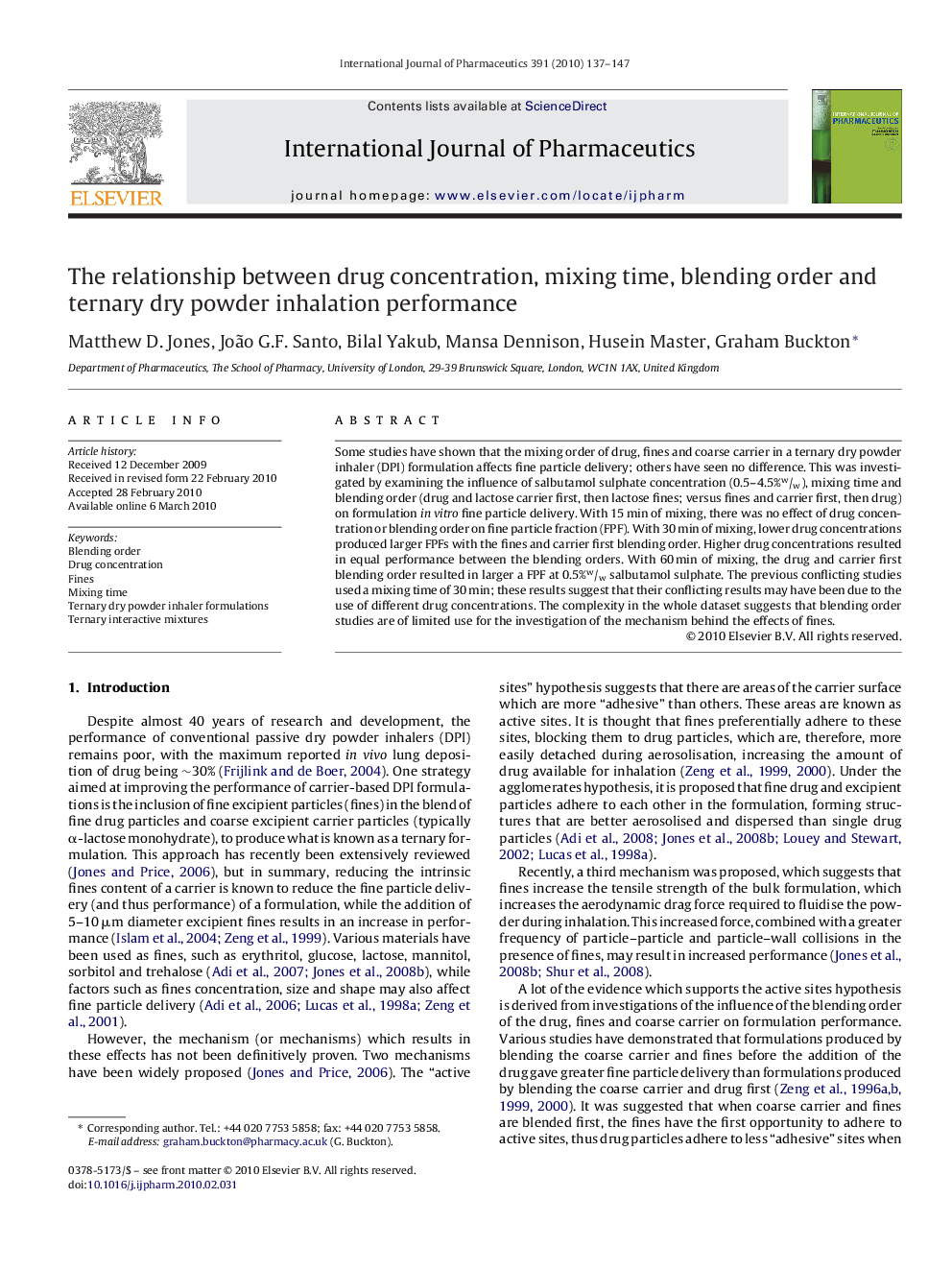 The relationship between drug concentration, mixing time, blending order and ternary dry powder inhalation performance