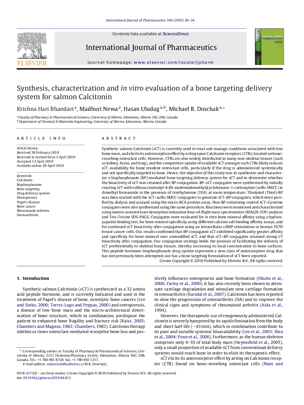 Synthesis, characterization and in vitro evaluation of a bone targeting delivery system for salmon Calcitonin