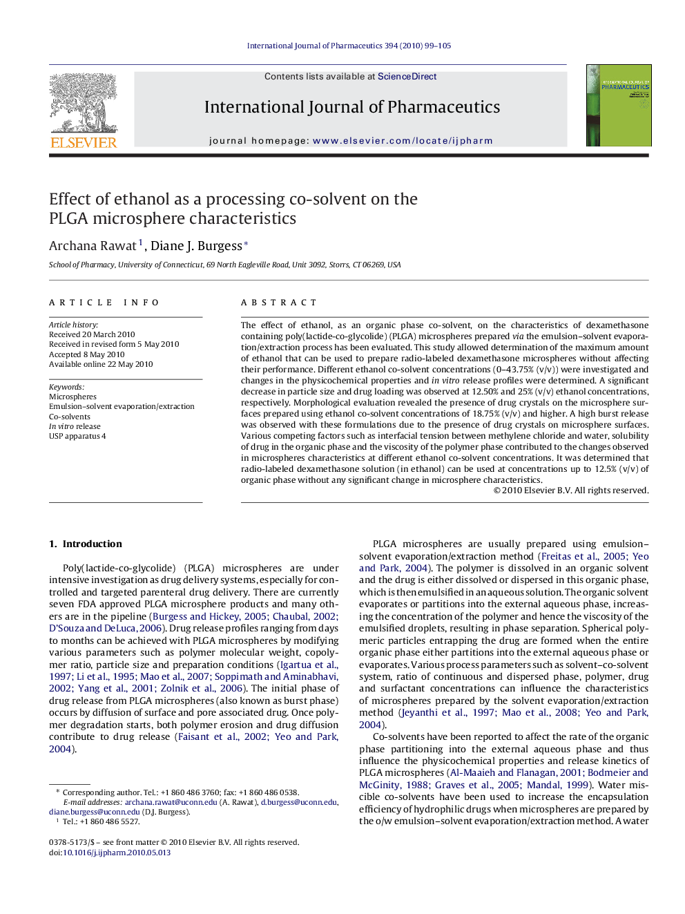 Effect of ethanol as a processing co-solvent on the PLGA microsphere characteristics