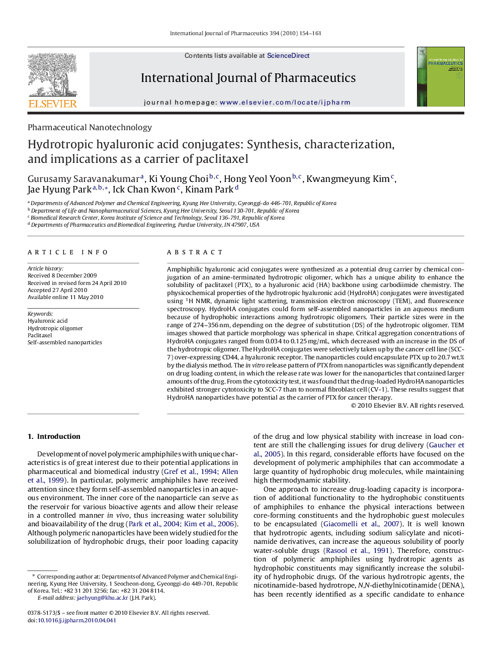 Hydrotropic hyaluronic acid conjugates: Synthesis, characterization, and implications as a carrier of paclitaxel