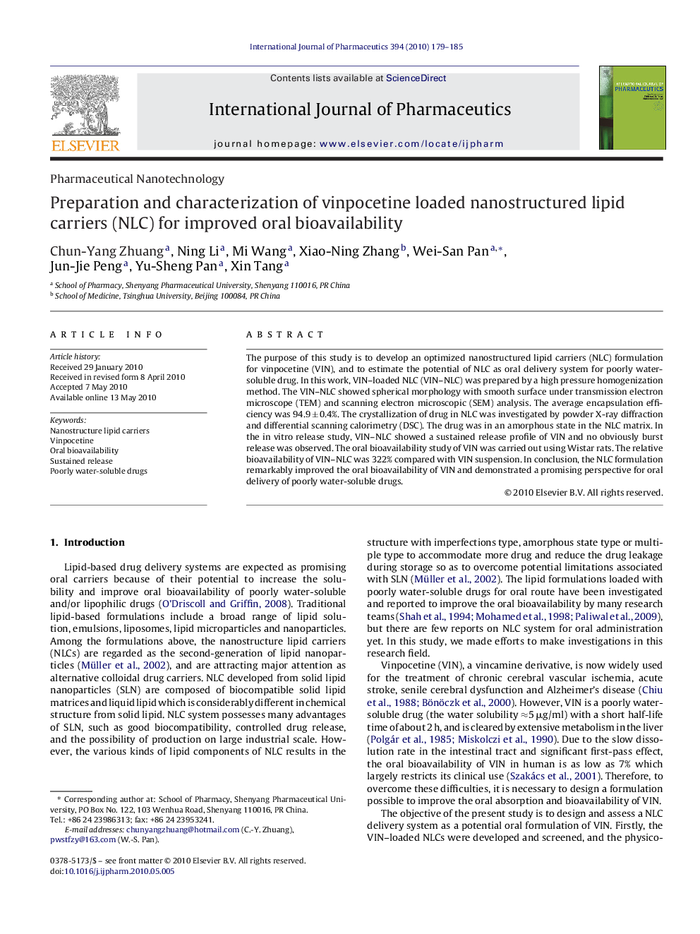 Preparation and characterization of vinpocetine loaded nanostructured lipid carriers (NLC) for improved oral bioavailability