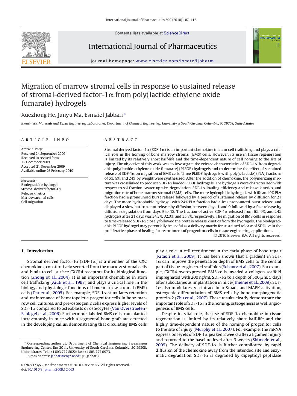 Migration of marrow stromal cells in response to sustained release of stromal-derived factor-1α from poly(lactide ethylene oxide fumarate) hydrogels