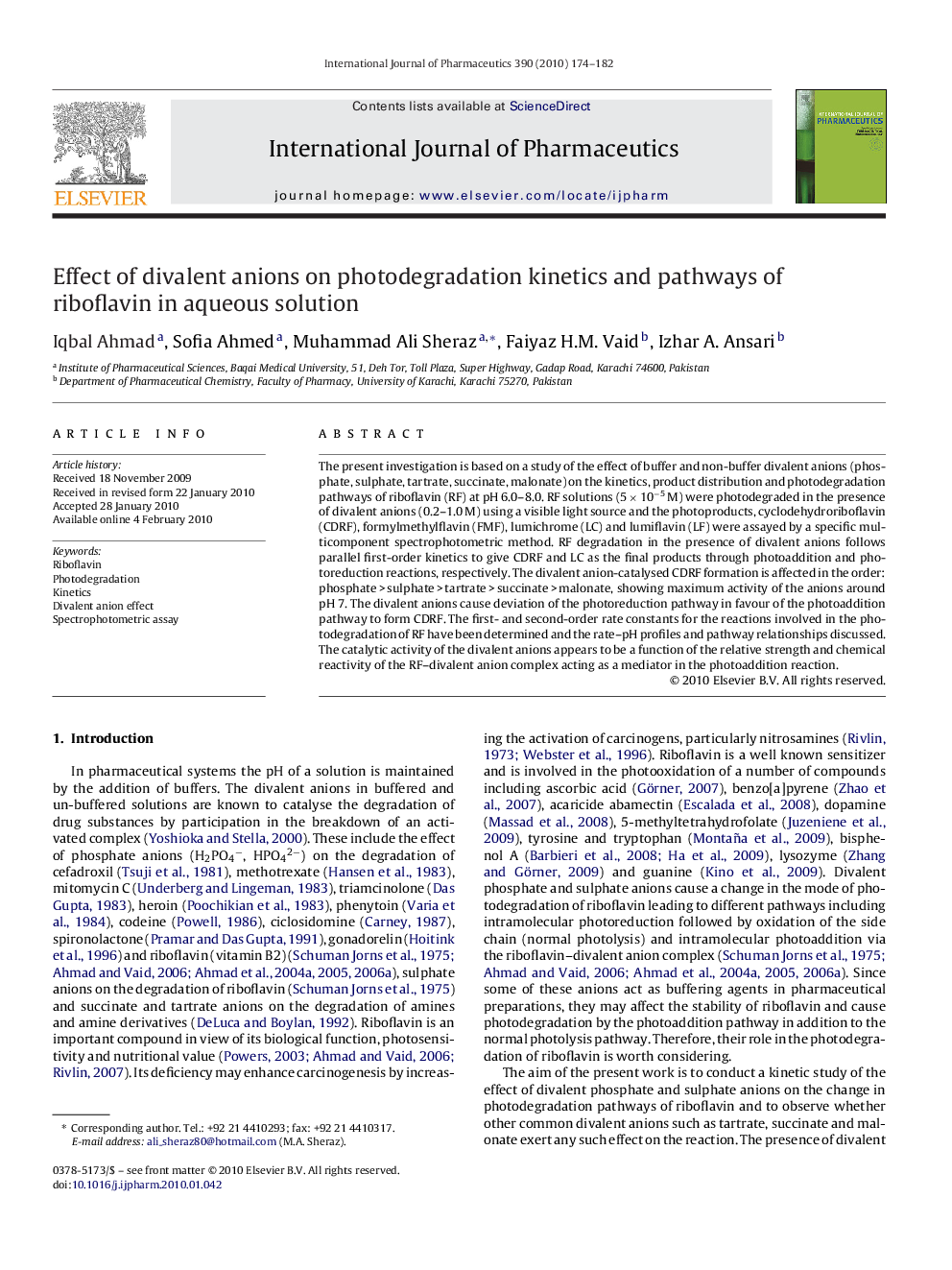 Effect of divalent anions on photodegradation kinetics and pathways of riboflavin in aqueous solution