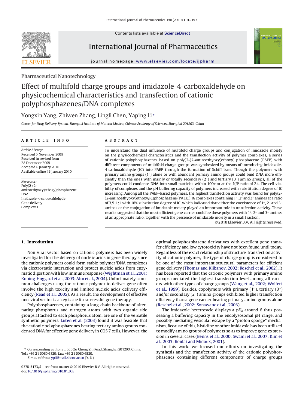 Effect of multifold charge groups and imidazole-4-carboxaldehyde on physicochemical characteristics and transfection of cationic polyphosphazenes/DNA complexes