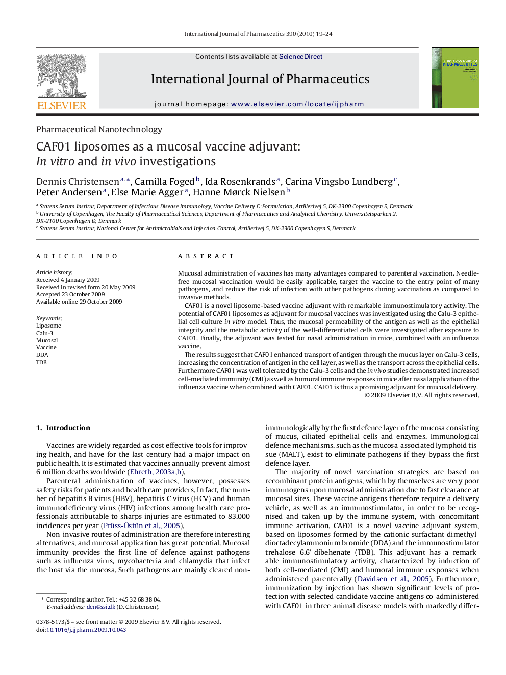 CAF01 liposomes as a mucosal vaccine adjuvant: In vitro and in vivo investigations