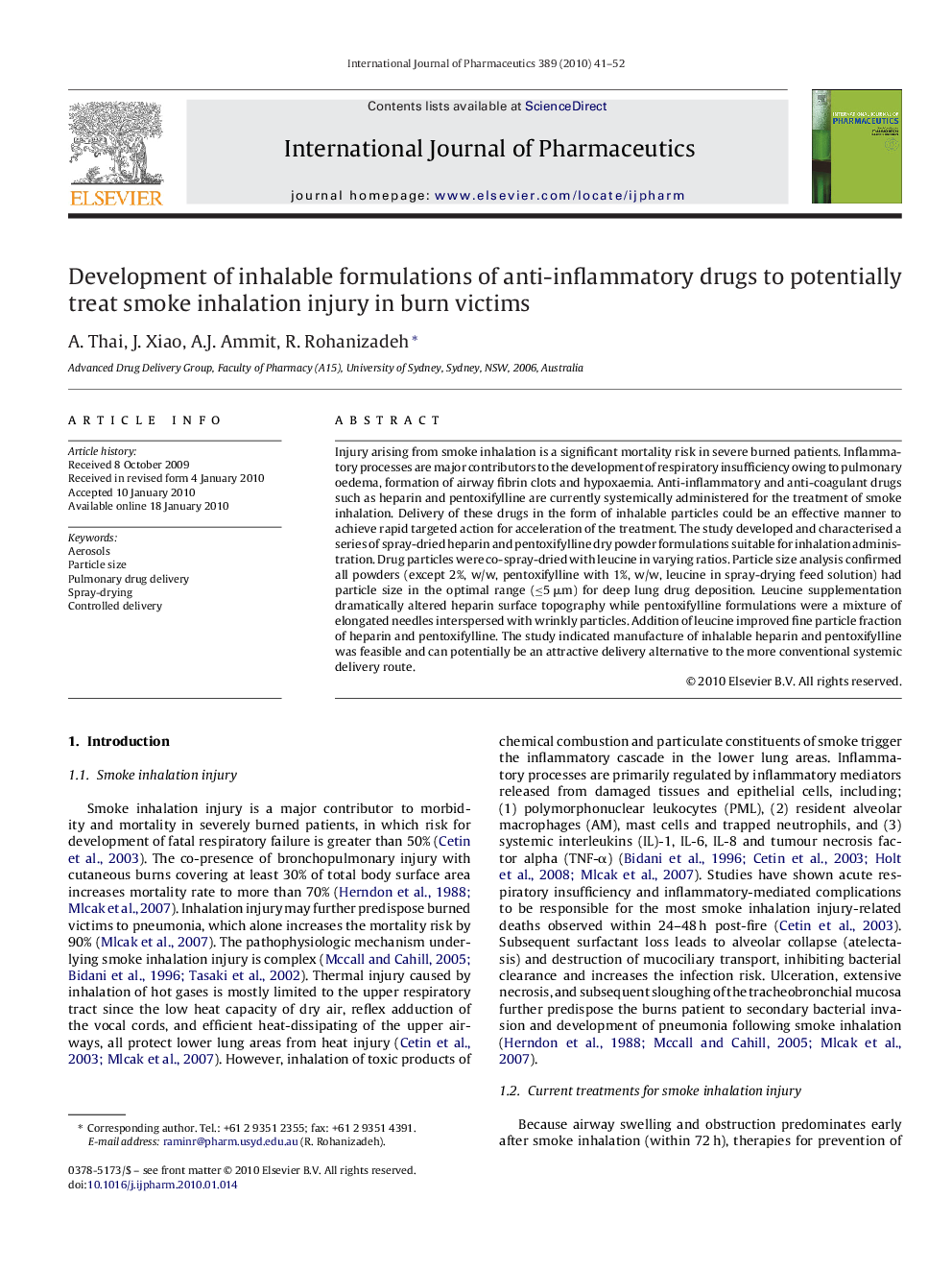 Development of inhalable formulations of anti-inflammatory drugs to potentially treat smoke inhalation injury in burn victims