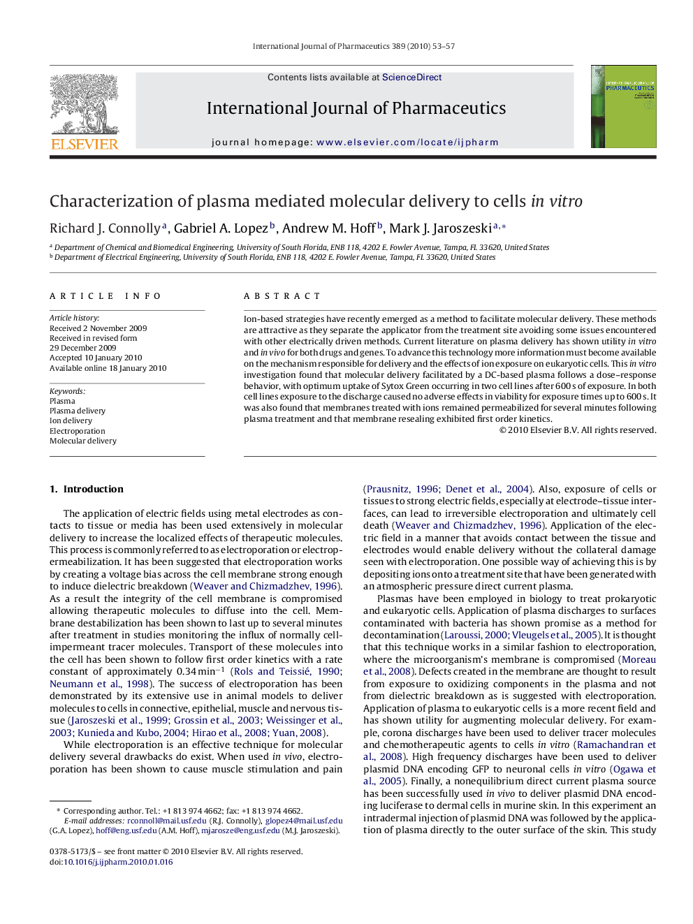 Characterization of plasma mediated molecular delivery to cells in vitro