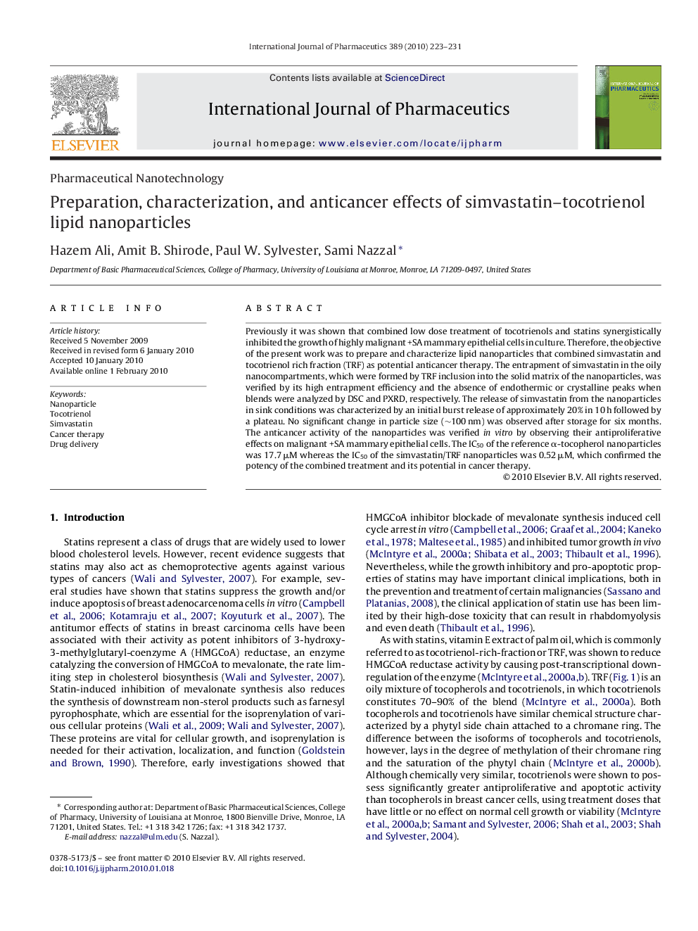 Preparation, characterization, and anticancer effects of simvastatin–tocotrienol lipid nanoparticles