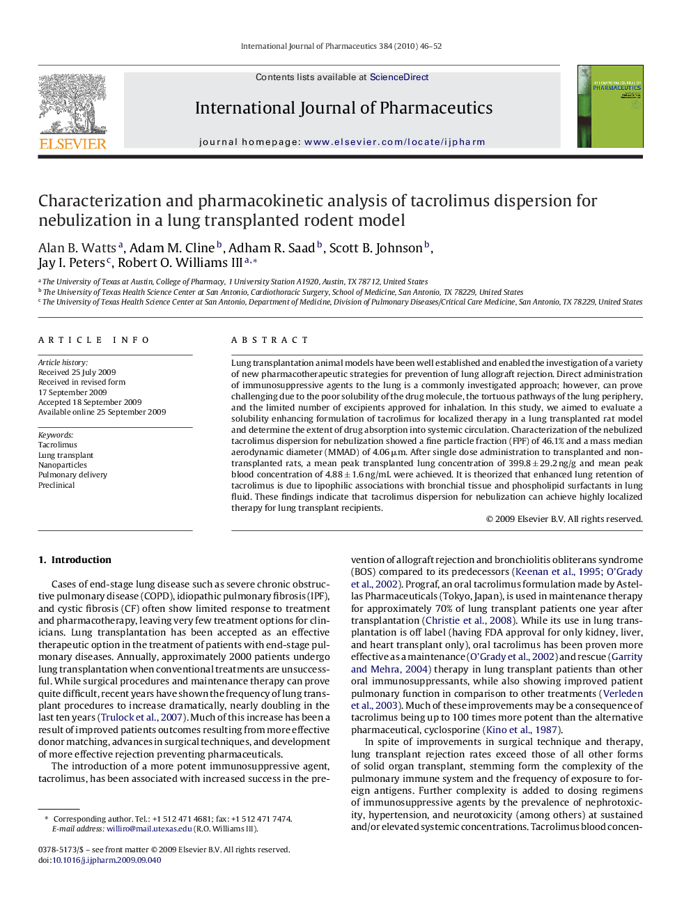 Characterization and pharmacokinetic analysis of tacrolimus dispersion for nebulization in a lung transplanted rodent model